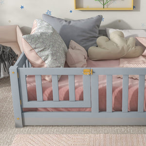 English Elm Twin Solid Rubberwood Floor Bed with Full Perimeter Safety Rails for Toddler Rooms Grey W504P296776