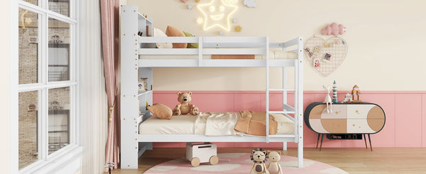 English Elm Twin Over Twin Bunk Bed With Integrated Shelves, Safety Guardrails & Convertible Design, White Finish W504S00214-GIGA