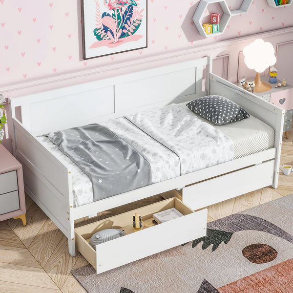 English Elm Twin Pine Wood Daybed with Two Hidden Storage Drawers, Space-Saving Twin Sofa Bed with Clean Silhouette White W504P149045