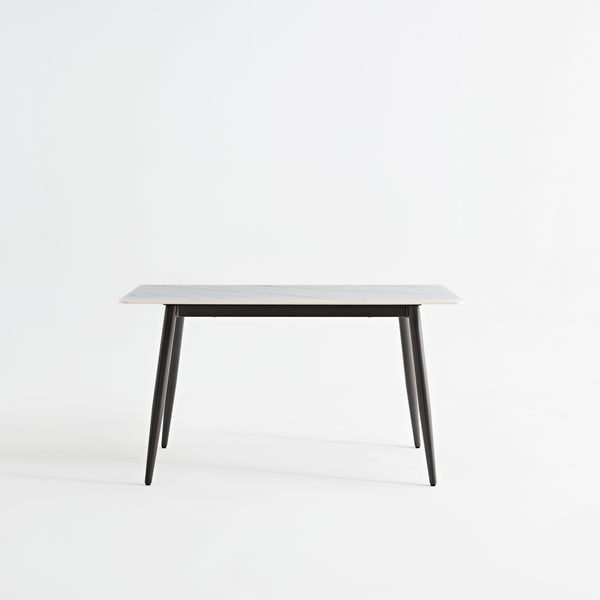 English Elm Large Rectangular Table with Sintered Stone Top and Sculptural Metal Base — Modern Heat‑Resistant Dining Surface White,White+Black W1911S00016