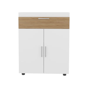 English Elm Belton Freestanding Shoe Cabinet with Double Doors & 12-Shelf Interior, White/Natural Oak Finish B200P335357
