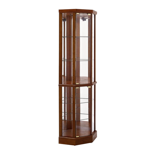 English Elm 6 Shelf Lighted Corner Curio Cabinet with Adjustable Tempered Glass Shelves, Acrylic Mirror Back, Solid Wood Frame Walnut W1693P170906