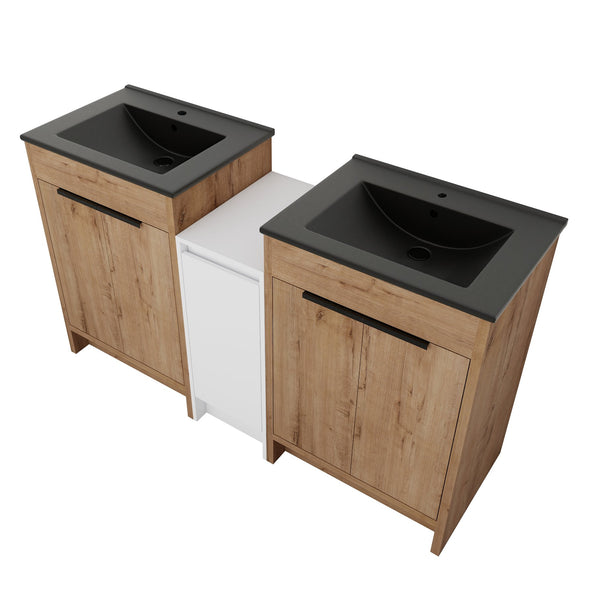 English Elm 60 Inch Freestanding Bathroom Vanity With Black Sink, Soft-Close Doors & Ample Storage Space W999S00322