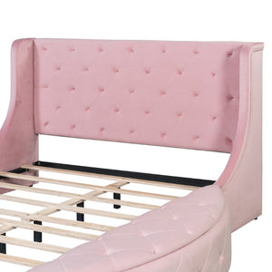 English Elm Upholstered Queen Platform Bed Velvet Wingback Frame with Storage Drawer and Side Stools Pink LP200815AAH