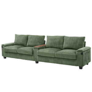 English Elm 4-seater Corduroy Sofa with USB Ports, Flip-Top Cup Holders, Hidden Arm Storage & Ultra-Deep Seats Green N719S001990F