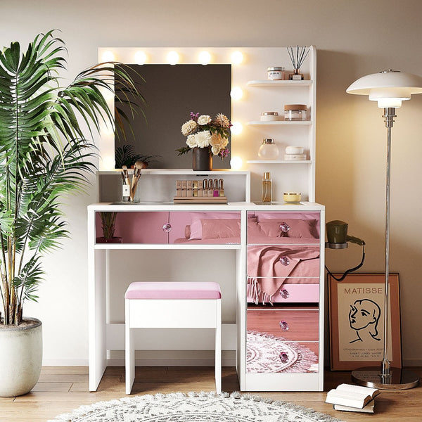 English Elm Vanity Desk with Hollywood Bulbs Glass Top Pink Glam Drawers and Cushioned Stool N704P340246K