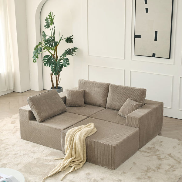 English Elm 110" Cloud Modular Sectional Sofa Boneless Corduroy 3-Seater with Ottoman & 2 Pillows, No Assembly, Luxurious Comfort Grey W2656S00009
