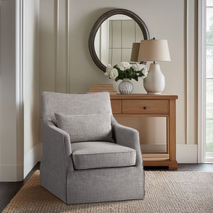 JLA Home Martha Stewart - London Skirted Swivel Armchair with Lumbar Pillow — Farmhouse Linen Look, 360° Smooth Rotation Grey MT103-1196