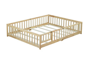 English Elm Queen Rubberwood Floor Bed with Perimeter Fence and Latch Door for Toddler Safety W504P370525