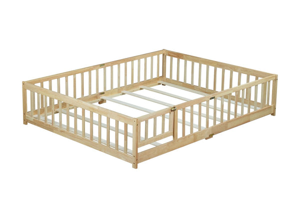 English Elm Queen Rubberwood Floor Bed with Perimeter Fence and Latch Door for Toddler Safety W504P370525