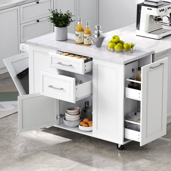 English Elm K&K Vintage Convex Kitchen Island Cart with Faux Marble Top, Tilt Trash, Pull-Out Organizer, Wheels White N707P299008W