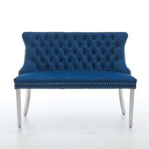 English Elm Velvet Wingback Dining Bench Tufted Two Seat Mid Century Modern Brushed Steel Base Blue W1143P406981