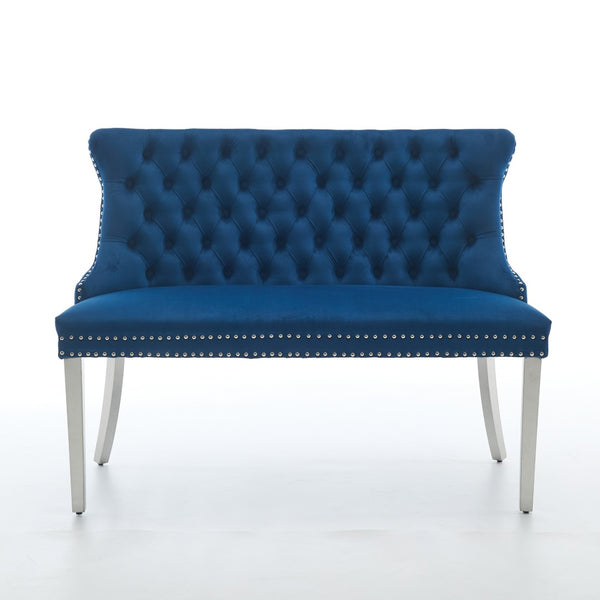 English Elm Velvet Wingback Dining Bench Tufted Two Seat Mid Century Modern Brushed Steel Base Blue W1143P406981