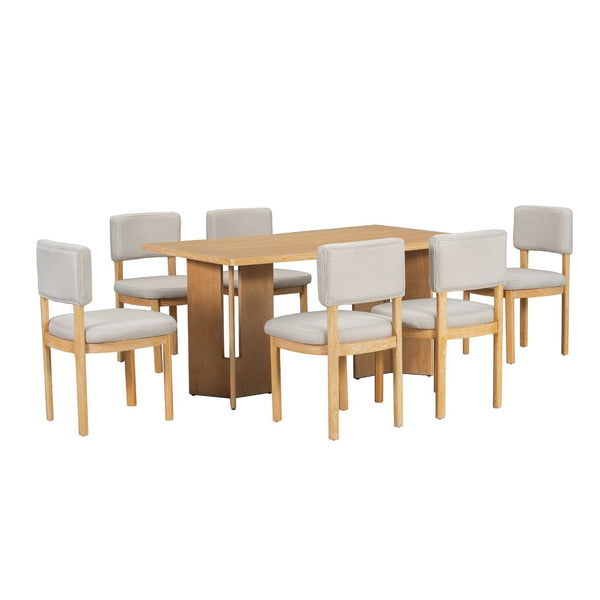 English Elm Trexm Farmhouse Six Seat Dining Set Oak Veneer Distressed Table Upholstered Chairs Natural Wood Wash ST000153AAD