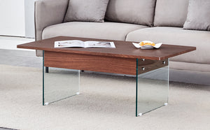 English Elm Multifunctional Lift Top Coffee Table with Tempered Glass Legs, Ergonomic Storage and Durable MDF Finish Wood W2920P226074
