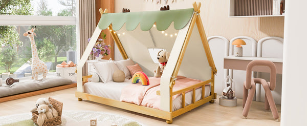 English Elm Twin Cabin Bed with Detachable Tent Skylight and Woodland Deer Antler Accents White N708P356717K