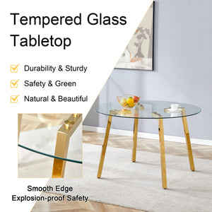 English Elm Modern Round Tempered Glass Dining Table with Gold 7-Shaped Legs, 47.3" Clear Top, Durable Luxury W1151S01881