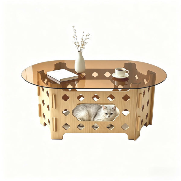 English Elm Oval Tempered Glass Coffee Table Carved Floral Wood Base Living Room Pet Nest W3935P481196
