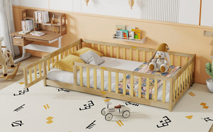 English Elm Twin Size Floor Bed With Safety Fence And Door – Eco-Friendly Rubber Wood, Low-Profile Design For Kids W504P286374-GIGA