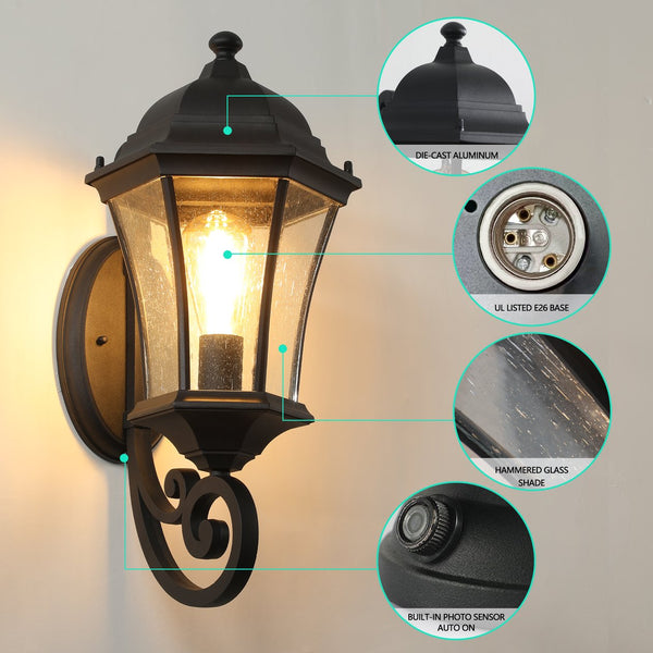 English Elm 2-Pack Vintage Outdoor Lanterns Black Wall Sconces with Bubble Glass, Weatherproof Aluminum, E26 Compatible W1340P143700