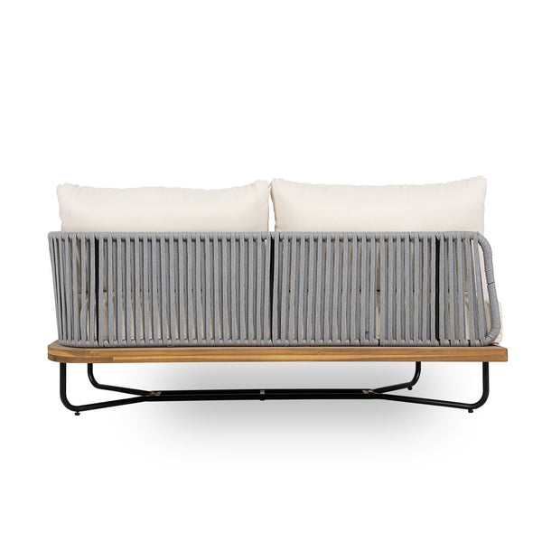 English Elm Christopher Knight Home® - Lucca Acacia Wood Outdoor Right-Arm Sofa with Water-Repellent Cushions and Hand-Woven Rope Charm Teak+ Beige N773P283659B