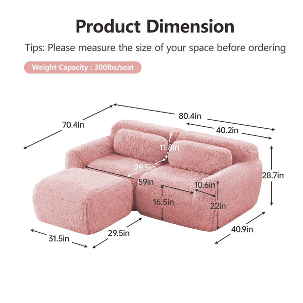 English Elm L-shaped Plush Sectional Sofa Boneless Cloud Comfort Floor Lounge with Chaise for Bedroom Pink W714S01556