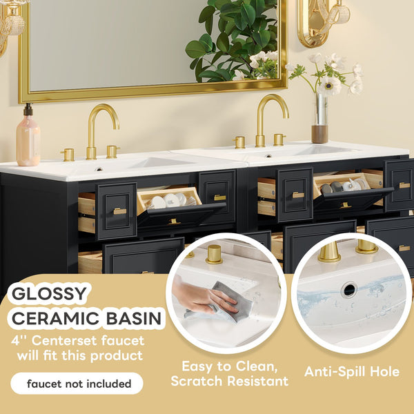 English Elm 60'' Elegant Freestanding Bathroom Vanity Set With Ceramic Sink, Solid Wood Frame & Ample Storage N710SS00004B