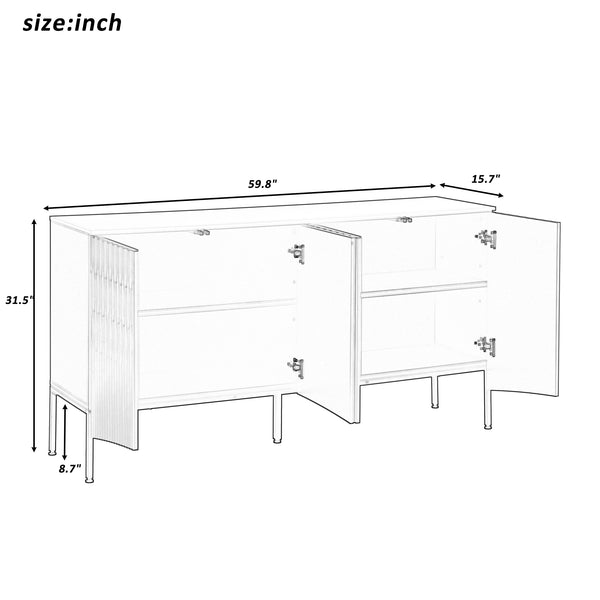 English Elm U_Style Curved Four-Door Sideboard with Arched Groove Design, MDF Construction, Metal Legs, 65" L Beige N711P192404K