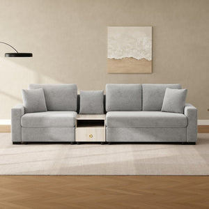 English Elm Modern Chenille Three Seat Sofa with Console Storage Armrest for Living Room Grey N763S000060E