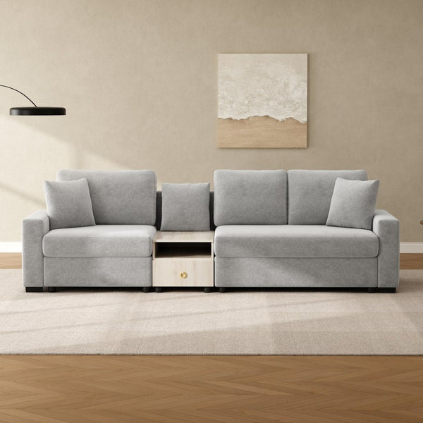 English Elm Modern Chenille Three Seat Sofa with Console Storage Armrest for Living Room Grey N763S000060E