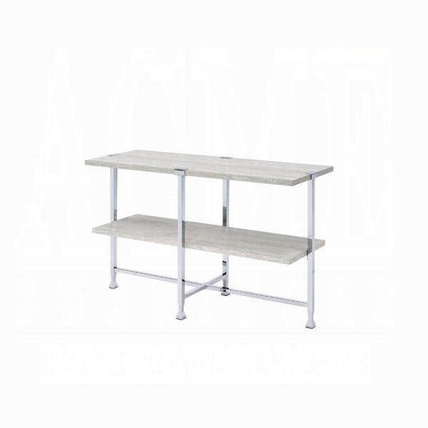 English Elm Contemporary Sofa Table with Wooden Top and X-Frame Metal Legs, Stable Modern Console for Living Room Chrome,White Oak 21 L x 53 W x 6 H B2741P337716