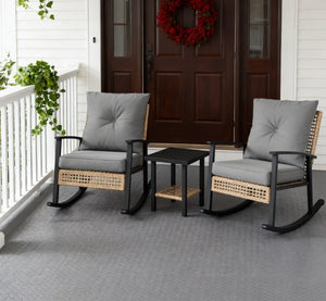 English Elm Patio Pe Rattan Rocking Chair Set with Tufted Cushions and Matching Coffee Table T3971P419111
