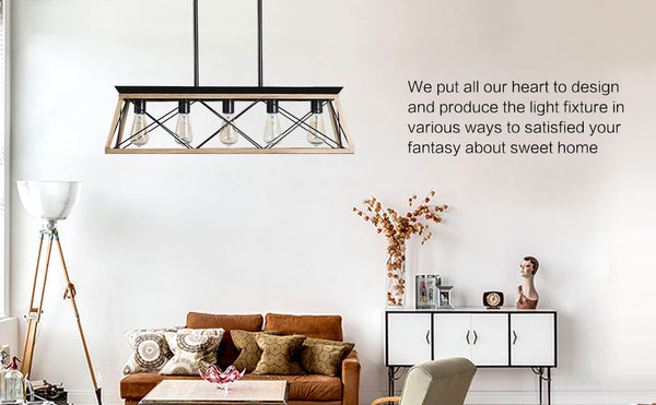 English Elm 32" Oak Industrial 5-Light Pendant Chandelier Rustic Metal Cage, Height Adjustable, E26 Compatible, UL Listed W2312P368671
