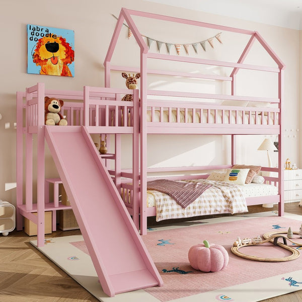 English Elm Full Bunk Bed with Trundle Bookshelf Storage Pine Frame Car Design for Kids W1580S00302