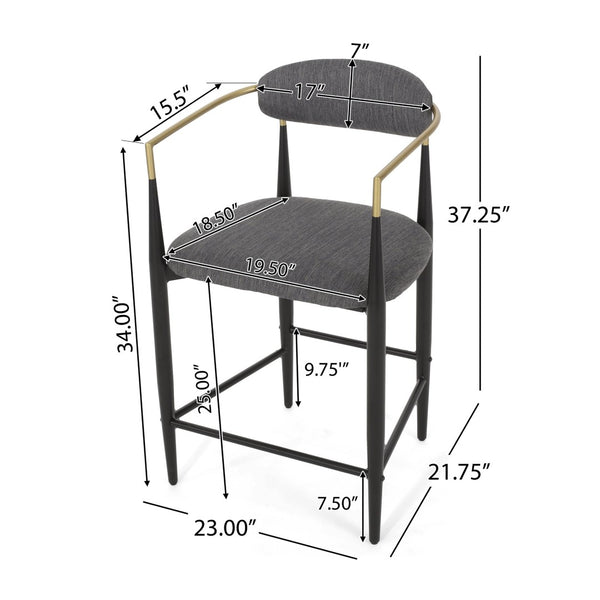 English Elm Counter Stools Set of Two Upholstered Matte Black Iron Frames with Gold Trim Modern N771P392273C