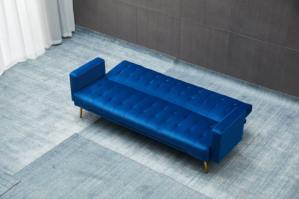 English Elm SOFA Velvet Convertible Sofa Bed with Golden Legs, Solid Wood Frame, Compact Design for Small Spaces Dark Blue B205P246427
