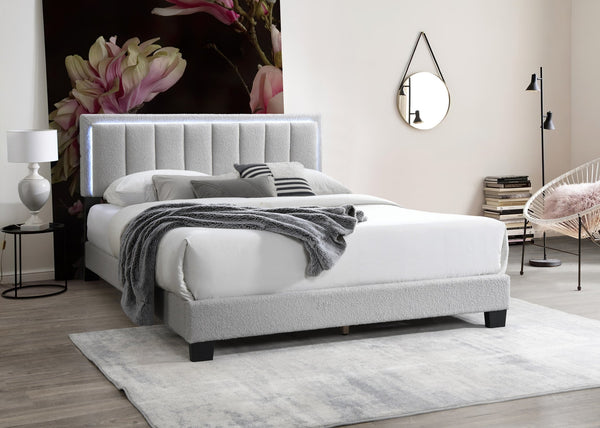 English Elm Light Gray Wool Upholstered Queen Platform Bed with Channel Tufted LED Headboard, Modern Plush Design, No Box Spring Needed B011P238969