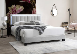 English Elm 1pc Full Upholstered Platform Bed Wool Fabric Channel Tufted Headboard with Led Lighting Light Gray B011P417511