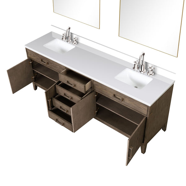 English Elm Grey Oak Double Bath Vanity Set With White Quartz Top, Faucets, And 36" Mirrors For Stylish Bathrooms B2731S01885
