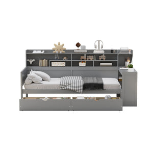 English Elm Wooden Twin Daybed with Built-In Desk, Side Shelves and Dual Drawers for Smart Space Saving Gray 54.9 L x 18.75 W x 5.6 H N733S241484E