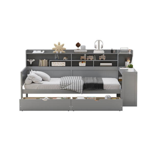 English Elm Wooden Twin Daybed with Built-In Desk, Side Shelves and Dual Drawers for Smart Space Saving Gray 54.9 L x 18.75 W x 5.6 H N733S241484E