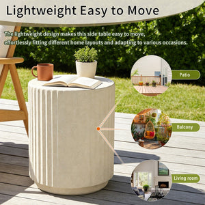English Elm U_style Mgo Cylinder Accent Table Wave Ribbed Concrete Look Patio or Indoor Plant Stand Beige N711P422078A