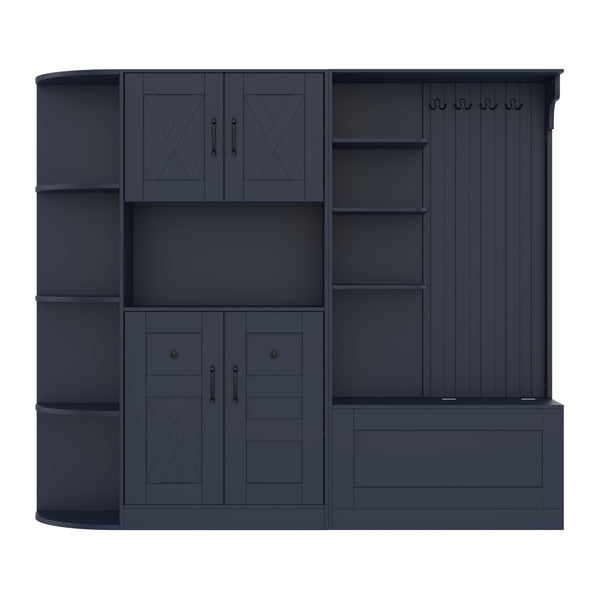 English Elm Multifunctional Modular Hall Tree Cabinet with Open Shelves and Hooks for Entryway Antique Blue W1580S00520