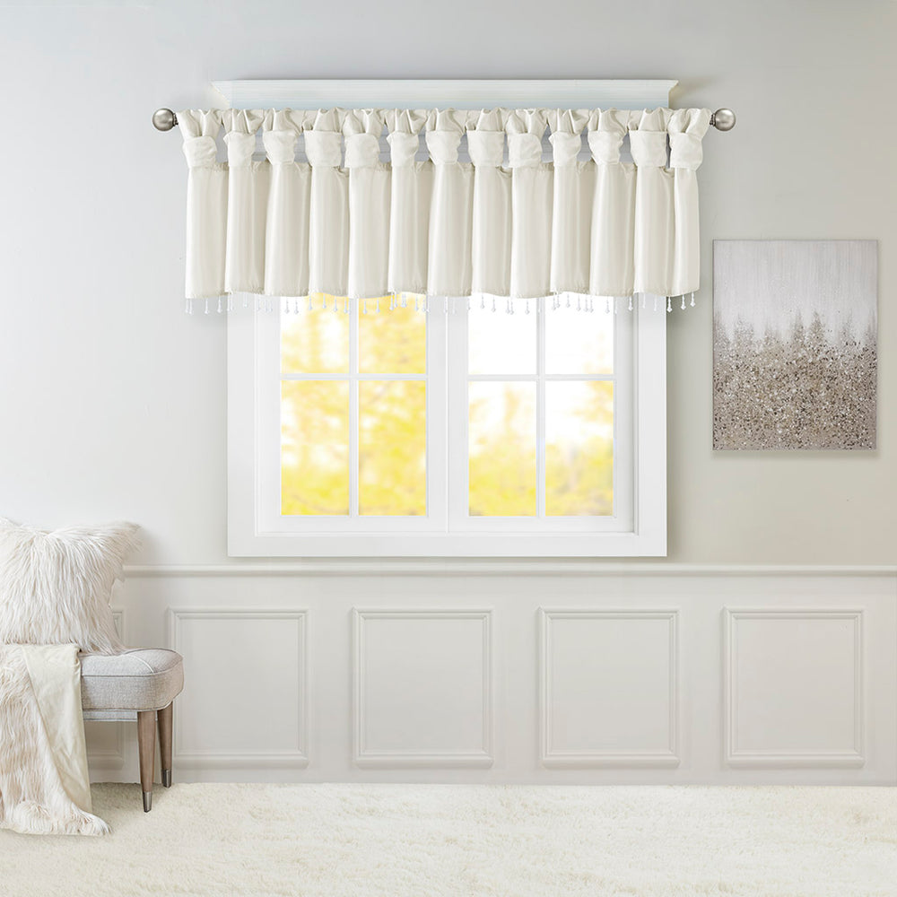 JLA Home Madison Park - Lightweight Faux Silk Valance with Beaded Trim, Rich White Sheen, Lined Twist-Tab Design for Privacy MP41-4453