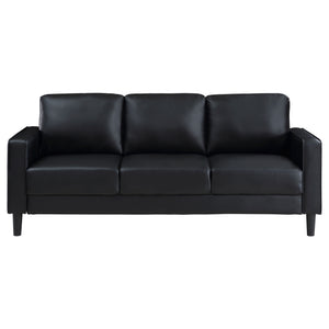 English Elm Farallone Faux Leather Track Arm Sofa with Tapered Legs, Sleek Modern Profile and Smooth Cushions for Compact Living Spaces Black B062P354049