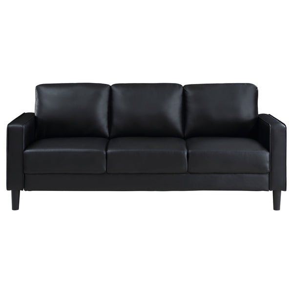English Elm Farallone Faux Leather Track Arm Sofa with Tapered Legs, Sleek Modern Profile and Smooth Cushions for Compact Living Spaces Black B062P354049