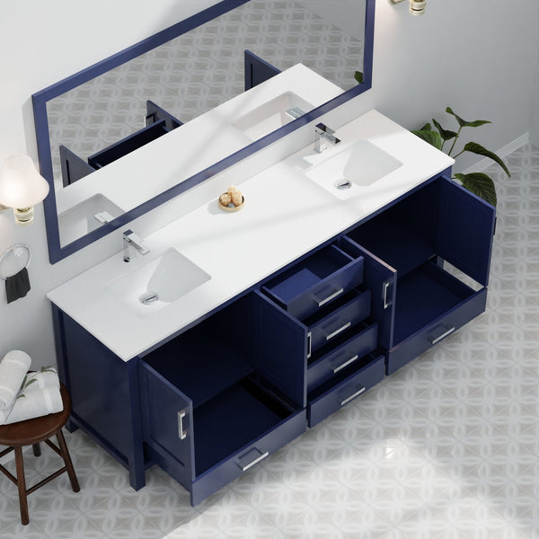 English Elm Navy Double Bath Vanity 80" W x 22" D with White Quartz Top, 2 Cabinets, 6 Drawers, Chrome Faucet B2731P259140
