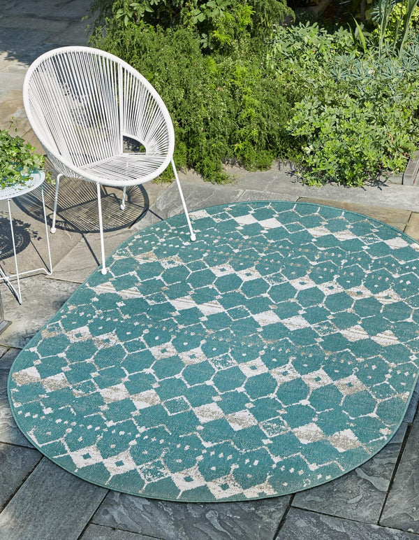 Unique Loom Outdoor Trellis Cardak Machine Made Geometric Rug Teal, Ivory/Gray 7' 10" x 10' 0"