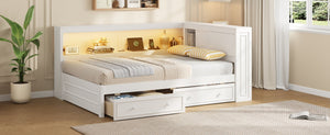 English Elm Full Pine Platform Daybed with Led Lighting Usb Charging Headboard Shelf and Drawers White N7090004032K