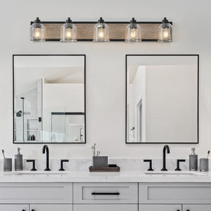 English Elm 40" Farmhouse Vanity Light Fixture, 5-Light Industrial Bathroom Sconce with Clear Seeded Glass Shades, Black Wood Finish, Retro Chic Design W2312P374828